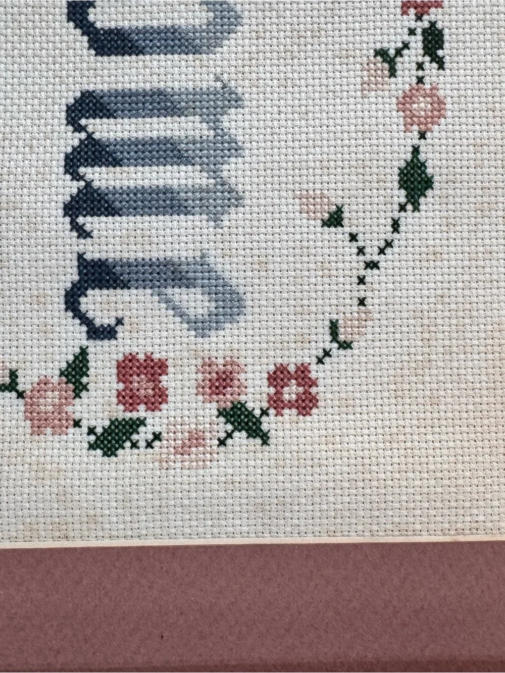 Vintage 1995 Welcome Cross Stitch Framed Floral Cottagecore Wall Art 18x12